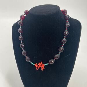Handmade garnet turquoise coral beaded necklace